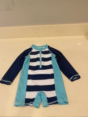 Kids Long Sleeve One-Piece Rash Guard Swimsuit - Navy, White & Aqua